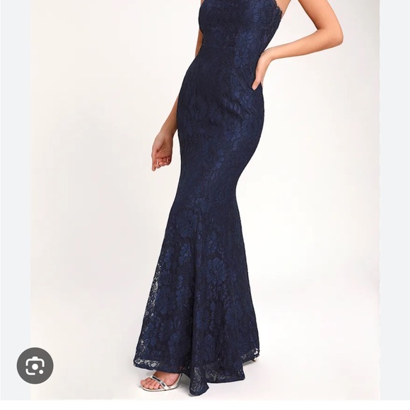 Elegant Navy Blue Lace Halter Dress - Picture 2 of 4